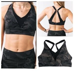 Zyia Forest Camo Sports Bra XXL Black Gray Mesh V-Neck Adjustable Straps Workout